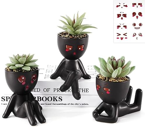 Yastouay 3 Pack Fake Succulents Plants Artificial Succulents Cute Faux Succulents in Black Human Shaped Pots Office Desk Decor for Women