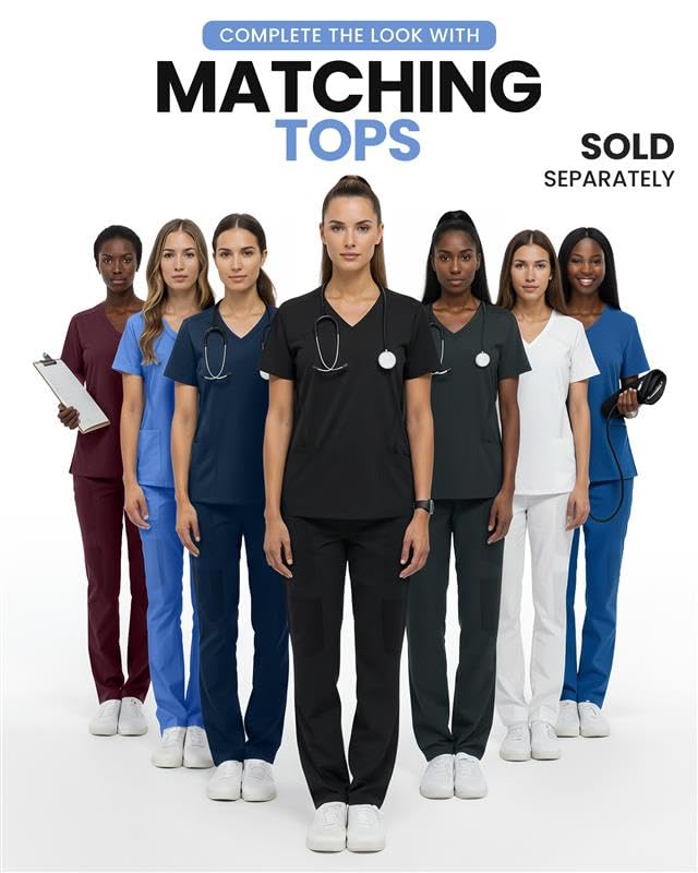 Image of 4-Way Stretch Rayon Blend Scrub Pants Women Mid Rise Relaxed Fit 31 inch Inseam | Flare Scrub Pants with 5 Pockets, Drawstring Waist, Easy-Care Fabric, and Comfortable Fit for Long Healthcare Shifts