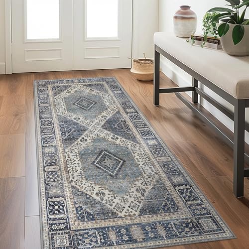GENIMO 2x6 Non Slip Hallway Runner Rug, Machine Washable, Thin & Low Pile Lightweight for Kitchen, Laundry, Entryway, Bedroom & Living Room, Blue