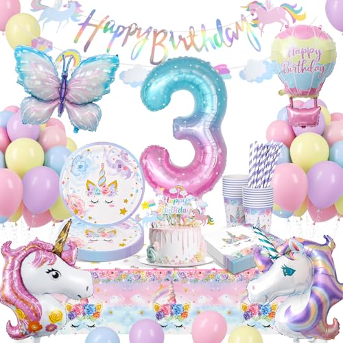 Vajilla para Fiesta de Unicornio, Mariposas 3 Años Fiesta Cumpleaños Niñas, Unicornio...