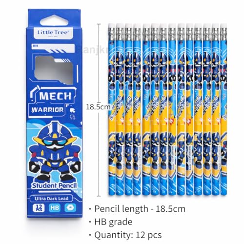 Image of Mech Warrior Kids Pencil Set HB - 12 Pack Student Writing Pencils with Eraser, Dark Smooth Lead, Easy Grip Hexagonal School Pencils for Boys Girls, Handwriting Practice & Return Gifts