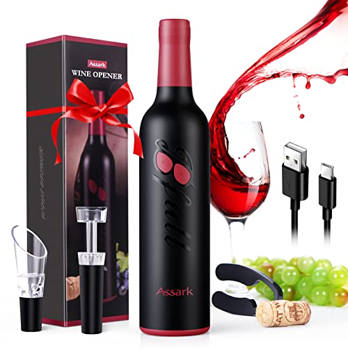 Assark Décapsuleur électrique 5 en 1,Fonctionnement à piles,Tire-bouchon électrique rechargeable,Avec coupe-capsule,Pompe d'économie,Câble de charge USB pour les amateurs de vin,Cadeau de cuisine Cover
