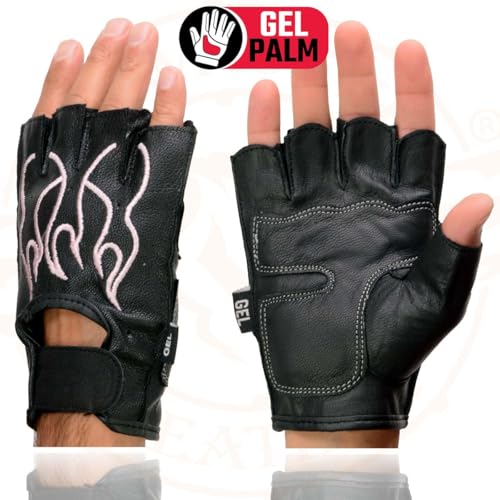 Image of Milwaukee Leather SH198 Men's Black Flame Embroidered Fingerless Gloves with Gel Palm | Padded Comfort; Vibration Relief; Flame Embroidery