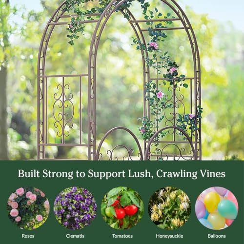 Image of Plow & Hearth Arch Metal Outdoor Garden Arbor Double Gate | Montebello | 7 Feet Tall | Gunmetal Black | Steel Iron Trellis Lattice Climbing Plants & Heavy Vines
