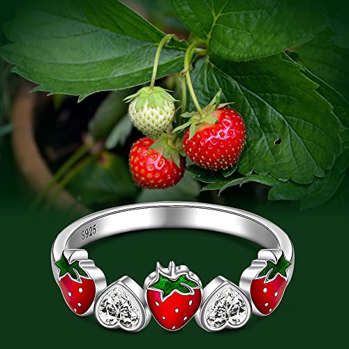 Red Strawberry Ring Sterling Silver Heart Sweet Fruit Strawberries Jewelry Birthday Gifts3