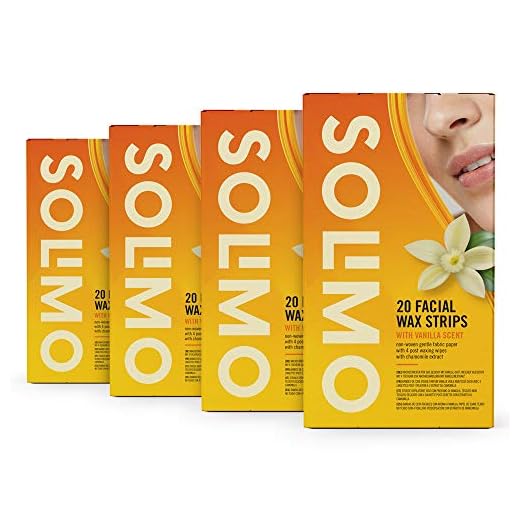 Marca Amazon - Solimo - Bandas de cera faciales con aroma de vainilla con 4 toallitas posdepilación (4x20 bandas de cera)