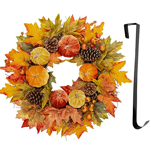 Briful 24 Artificial Wreath Autumn Wreath Door Wreaths with Velvety Pumpkin Silk Maple Leaves Natural Pinecones, Front Door Wreath with Metal Hanger for Wall Window Halloween Festival Décor