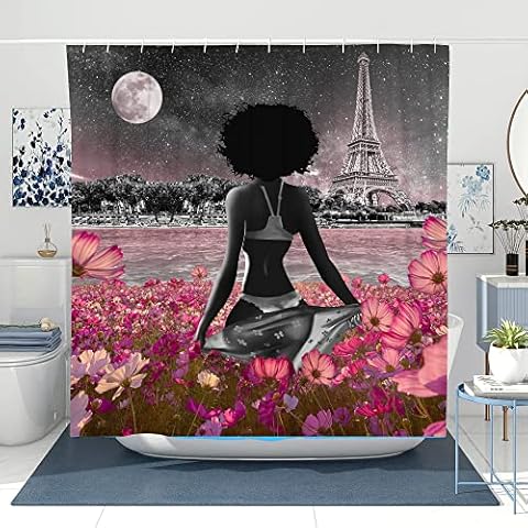 TYAKASHA Shower Curtain African American Woman Afro Lady with Sexy Fullmoon Flower Eiffel Tower 72x72 Inches Waterproof Fabric Polyester with 12 Hooks for Bathroom Decor Cover