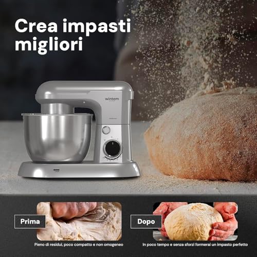 Avilia Impastatrice Planetaria Silver 1500W con Ciotola 5L in Acciaio Inox - Silenziosa con 10 Velocità più Funzione Pulse - 3 Accessori Inclusi Gancio a Uncino per Impasti, Frusta e Battitore - 7