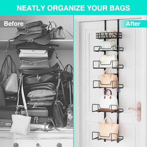 HapiRm Over Door Purse Organizer - Adjustable Purse Storage Rack with Bags Design Metal Basket, Wall Mounted Handbag Organizer, Hanging Handbag Holder, Can Use As 1/2 Part Detachable by HapiRm - Image 4