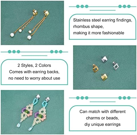UNICRAFTALE 32pcs 2 Colors Rhombus Stud Earring Findings 2 Styles 304 Stainless Steel Hypoallergenic Earrings Ear Stud with Ear Nuts for DIY Earrings Jewelry Making