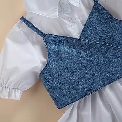 2PCS Baby Girl Puff Short Sleeves Lapel Button Down Shirt Dress + V-neck Strap Tie Back Denim Vest Set3