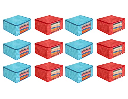 Image of Organizer Bag Clothe|Foldable Organizer|Cotton Saree Cover Closet Orgnizer /Saree Bags for Wardrobe Orgnizer Clothe Covers |Dress Organizer|Dress Clothe (Pack of 12, SkyBlue + Red)