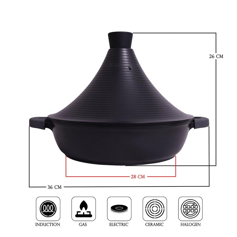 Tajine Tous Feux dont Induction - Plat Tajine Marocain 28cm Marmite tajine avec Couvercle en Aluminium antiadhésif - Noir