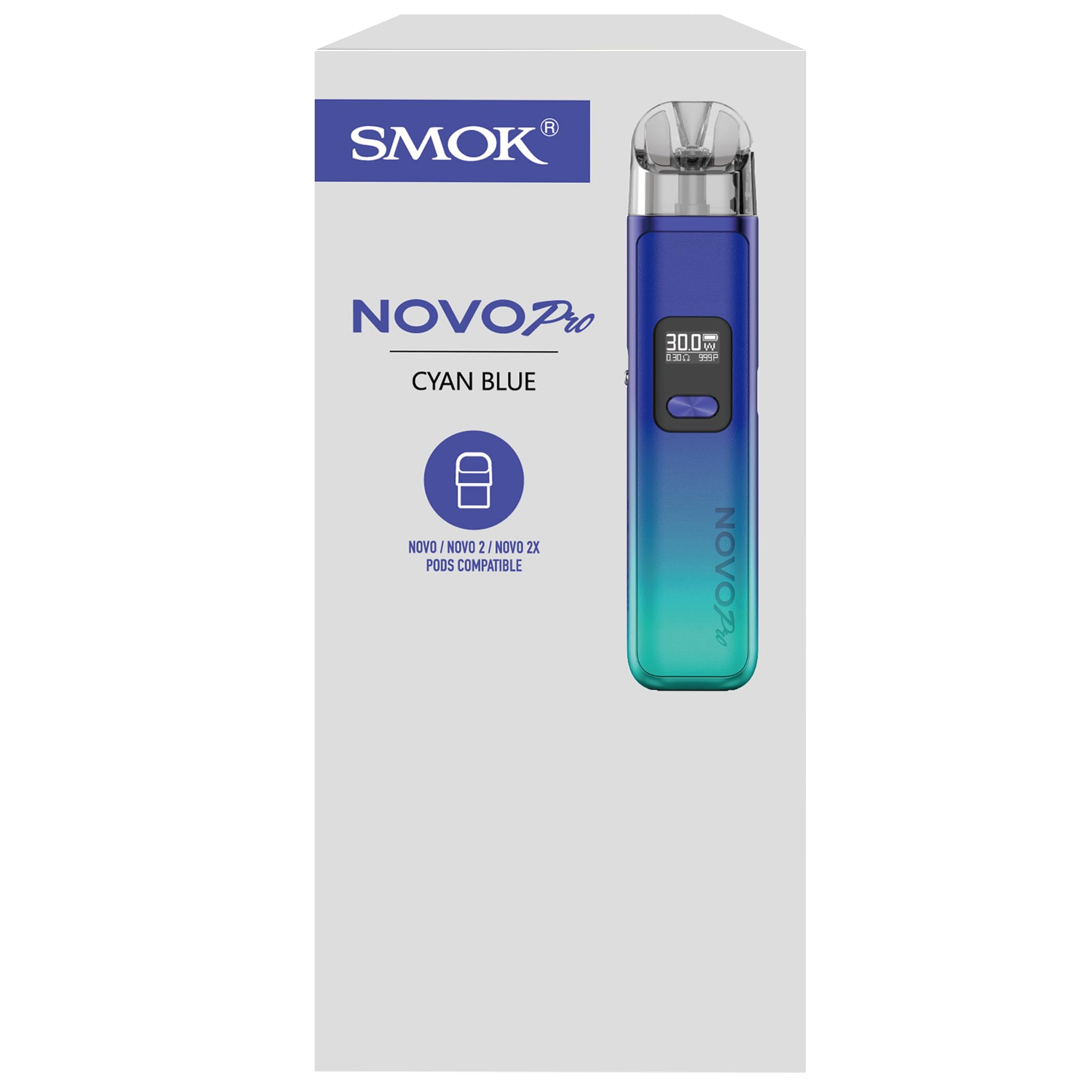 SMOK Novo Pro Kit de cigarette lectronique Pod System 30W batterie 1300mAh  contrle de flux d'air progressif cran OLED 0,42" charge Type-C compatible  avec pods Novo/Novo 2 sans nicotine Bleu cyan :