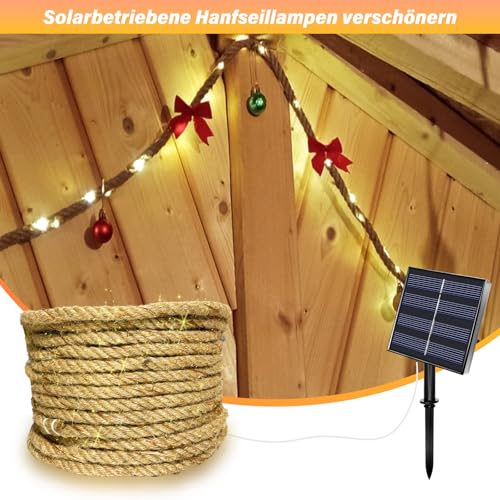 MEDOYOH 15M Solarseil Lichterkette mit 300 LEDs, Solar Hanfseil Lichterkette mit 8 Beleuchtungsmodi Wasserdicht für Gartenterrasse Balkon Schaukel Stamm Dekor