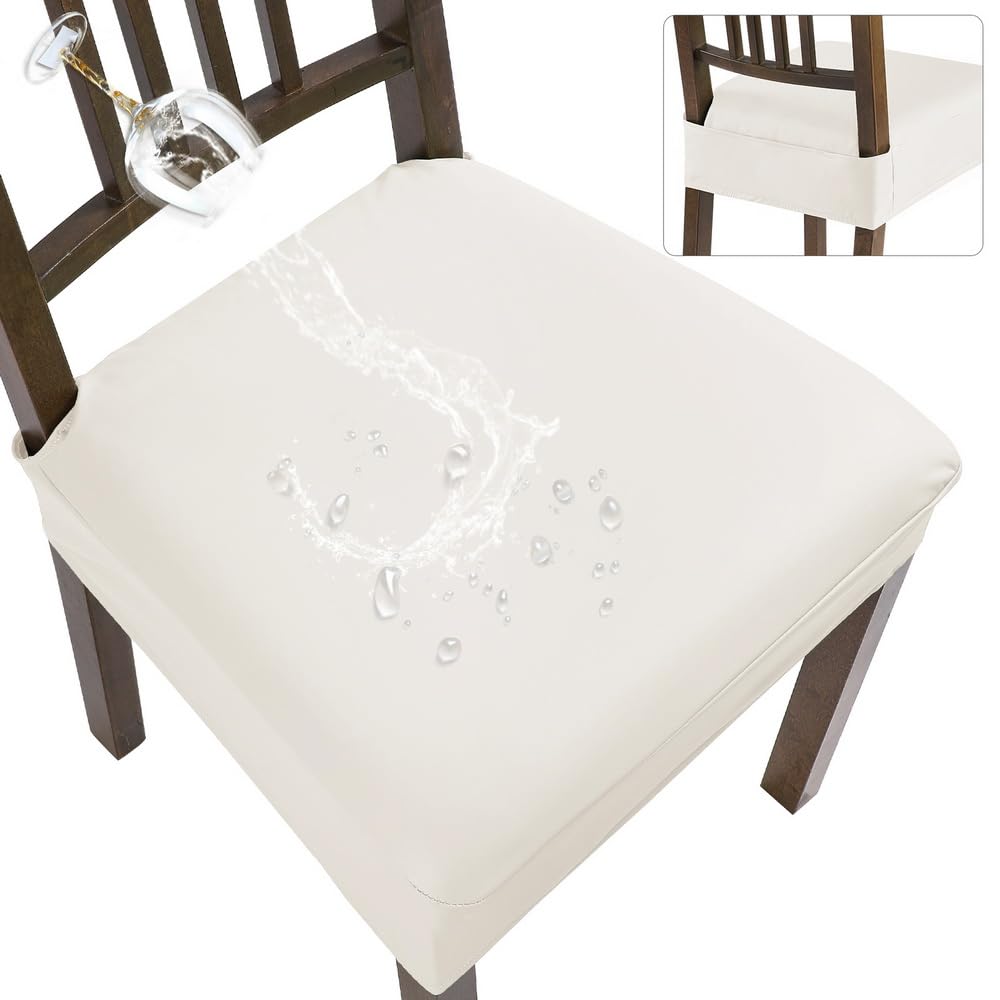 SearchI Waterproof PU Seat Covers for Dining Chairs Set of 4, Washable Stretch Dining Chair Seat Covers, Dining Room Chair Covers Protector (Rear-Covered, PU Cream)