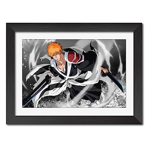 Image of TenorArts Ichigo Bankai Poster Bleach Anime Posters Laminated Photo Frame Painting with Matt Finish Black Textures (12inches x 9inches)