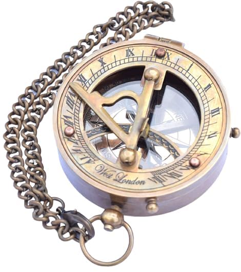 Handmade Brass Sundial Compass with Chain & Leather Case Antique Finish Pocket Compass Marine Nautical Sun Clock Pirate Ship Replica Antique Compass for Hiking & Camping 3