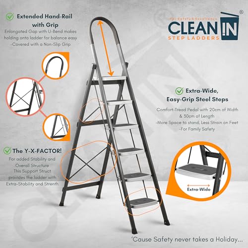 Image of CLEAN IN 6 Step Premium Foldable Household Steel Ladder ~ for Home, Garage, Kitchen. Wide & Anti-Skid Steps, 150 kg Load Capacity, Reinforced Hinges ~ (Shades of Grey)