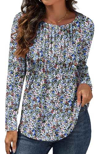 GRECERELLE Camiseta de manga larga con cuello redondo para mujer, estilo casual, plisada, blusa de ajuste regular para mujer, Anémona negra, L