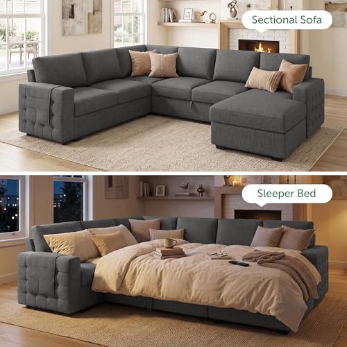 Image of HONBAY Sectional Sleeper Sofa with Pull Out Bed U-Shape Sectional Couch Sleeper Bed with Storage Chaise 6 Seater Sleeper Sectional Sofa, Light Grey