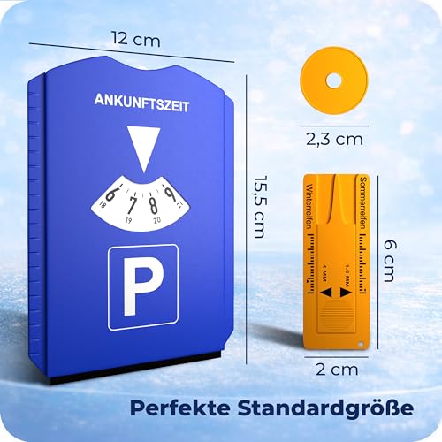 ROBBX® Parkscheibe mit Eiskratzer für Auto und Motorrad | Parkuhr inkl. Reifenprofilmesser und Einkaufswagenchip | Parkscheiben | Parking Disc