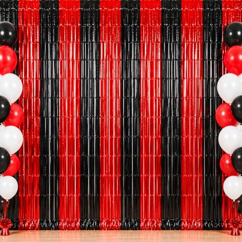 Image of TONIFUL 2Pcs Black and Red Fringe Backdrop Curtain 2026 Graduation Party Metallic Tinsel Foil Fringe Photo Booth Backdrop Door Streamers for Birthday Bachelorette Halloween New Year Party Decorations