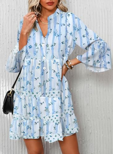 Image of Opemiby Summer Dresses for Women 2026 Flowy Ruffle 3 /4 Bell Sleeve V Neck Tiered Casual Babydoll Boho Floral Beach Mini Dress