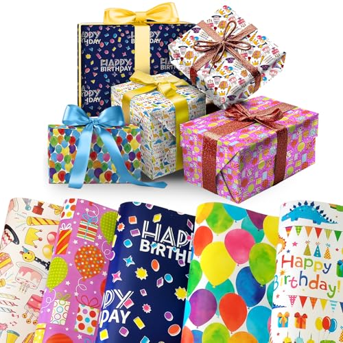 Geschenkpapier Kinder 5 Rollen, 43x300cm Geschenkpapier Einschulung, Wrapping Paper, Bunte Muster Gift Wrapping Paper für Geburtstag, Party und Alle Anlässe
