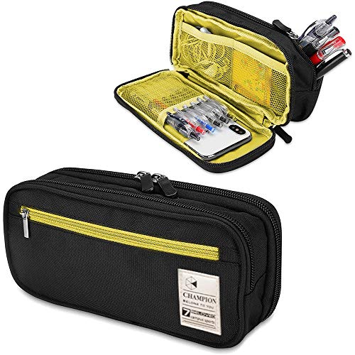 ペンケース 筆箱 大容量 筆ポーチ 帆布 - Akura - シンプル 多機能 学生用 社会人用 文房具 ダブルジッパー 内蔵ポケット付き ブラック