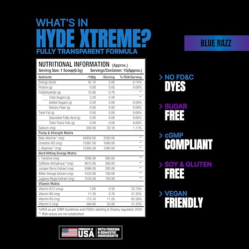 Image of HYDE Xtreme - Hard Hitting Energy Pre Workout Supplement | Caffeine, Beta-alanine, Creatine HCl, L-arginine | For Muscle Pump, Vascularity, Strength and Focus | 15 servings (Blue Razz)