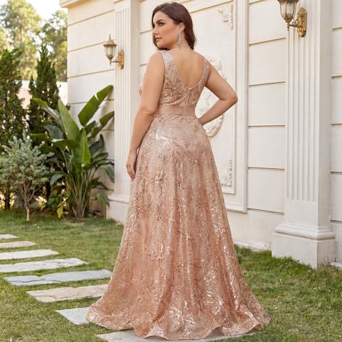 Image of Plus Size Formal Dresses for Women with Embroidery Sequin and V-Neck, A-Line Maxi Dress for Wedding and Cocktail
