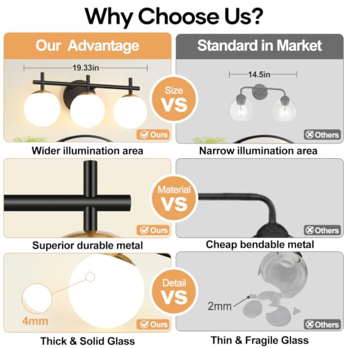 Image of 3-Light Bathroom Light Fixtures, Black and Gold Vanity Lights for Bathroom with Milky White Glass Shade, 19.3 inch Bathroom Lighting Fixtures Over Mirror, Compatible with E12 Bulbs (Bulb Not Included)
