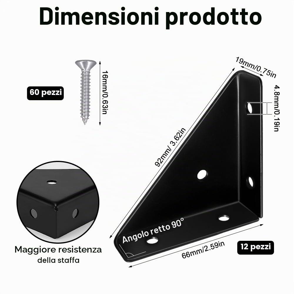 Squadrette Angolari di Supporto Triangolo, 12 pezzi Angolari Metallo per Legno, Staffe Angolari a 90 Gradi, Squadrette Angolari Nero, Staffa Angolare, Utilizzare per Stabilizzare Letti, Armadi