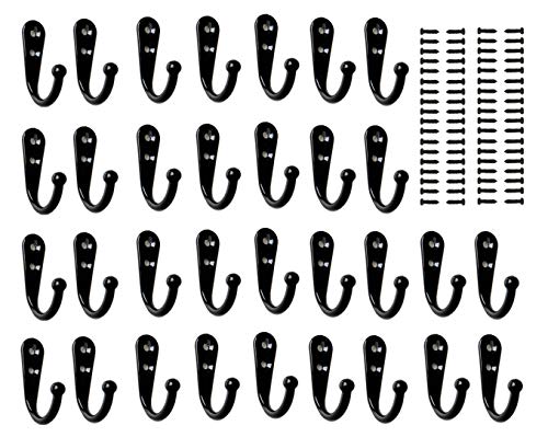 32 Pieces Wall Mounted Coat Hook Robe Hooks Cloth Hanger Coat Hanger Coat Hooks Rustic Hooks and 72 Pieces Screws for Bath Kitchen Garage Single Coat Hanger, Black Color (32black)