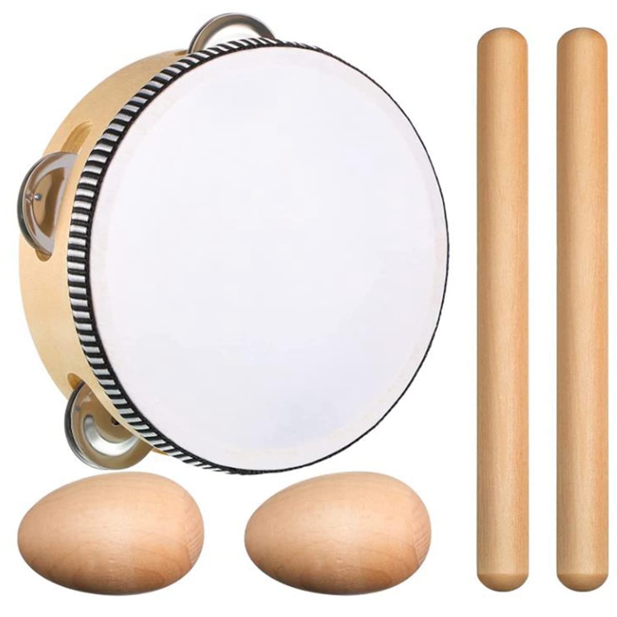 5 Pcs Musical Percussion,Including Natural Rhythm Sticks,Wooden Egg Rattles,Musical Tambourines,Kid's Musical Toy Gift