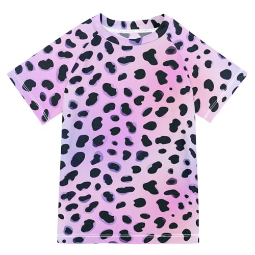 CaTaKu Light Purple Leopard Print Boys Rash Guard Swim Shirts Toddler Quick Dry UPF 50+ Rashguard Short Sleeve 3-12T