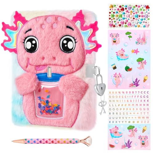 WEINNSAI Axolotl Plüsch-Tagebuch-Set für Kinder, Geheimes Tagebuch-Set mit Schloss, Schlüssel, Stift, Aufklebern, Zum Schreiben und Zeichnen, Geschenke für Mädchen im Alter von 6–8 Jahren