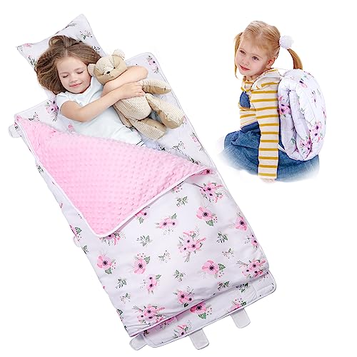 Image of Minky Nap Mat for Preschool, Sleeping Mat for Daycare, Toddler Sleeping Bag with Removable Pillow & Fleece Blanket, Portable Slumber Bag with Backpack Mode, Back to School Supplies, Ages 3-7 Years