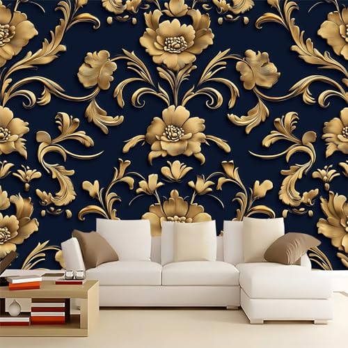 Wall Mural Vintage Victorian Floral Print Photo Wallpaper Mural, Non-Woven Wall Mural Decoration Poster Picture Design Modern 98.43 x 68.9 (W x H), Mural for Living Room Kids Bedroom Gold Black