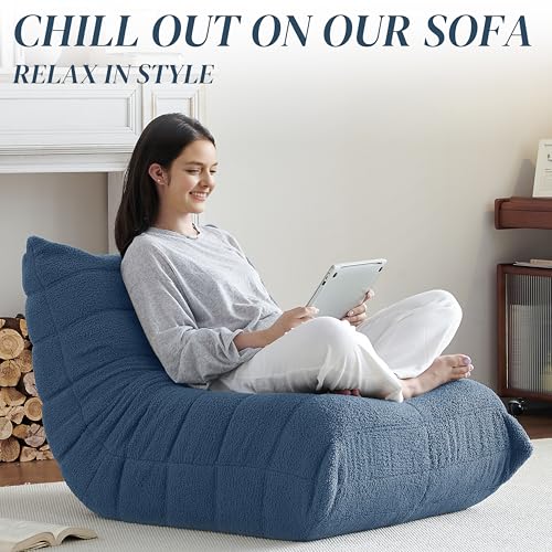 Image of Gazecaia Comfy Bean Bag Chair for Adults Teens | Fireside Floor Lounge Chair, Soft Teddy High-Resilience Memory Foam Bean Bag Couch with Non-Slip Base, for Living Room Bedroom Apartment Office, Blue