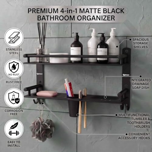 Image of GRIVAN Stainless Steel 2-Tier Bathroom Accessories Set - Heavy Duty Bathroom Shelves with Dual Soap Holder, Toothbrush Holder & Tumbler | Wall Mounted Bathroom Organizer (Black Matte)