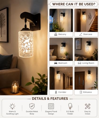 Image of Home Decor Wall Lights Glass Lamp Shade with Premium Finish & E27 Bulb Holder for Living Room, Bedroom, Balcony, Kitchen, Cafes | Decorative Night Lamps Fixtures | Elegant Wall Hanging Lights