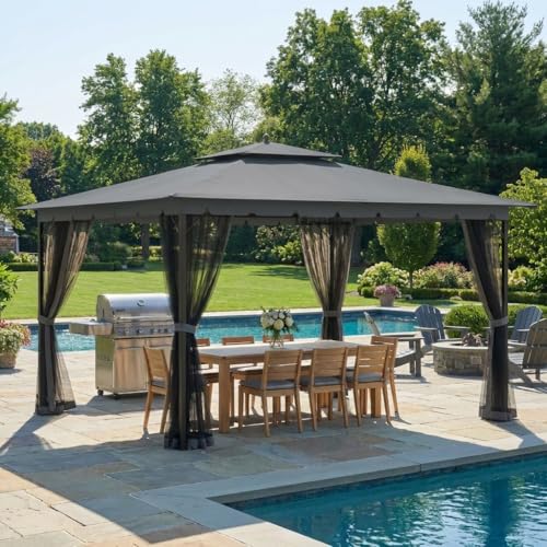 Bezseller 10x12 Outdoor Patio Gazebo with Powder-Coated Metal Frame - Stable Double-Tier Canopy with Zip Mesh Sidewalls for Backyard Dining & Entertaining Grey