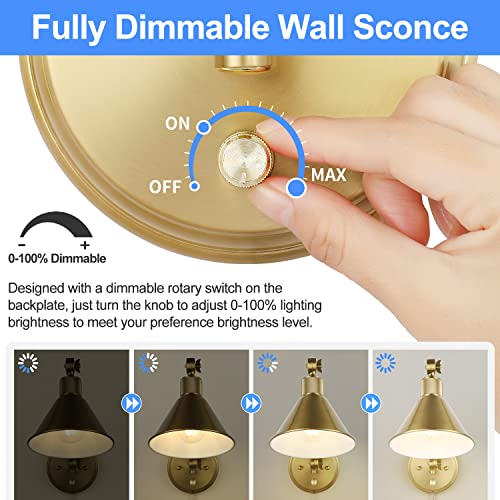 Trlife Wall Sconce Plug In, Dimmable Wall Sconces Set Of 2 Wall Lights With Plug In Cord And Dimmer On/Off Knob Switch, Brushed Brass Swing Arm Wall Light, Ul Listed(2 Pack, 2 Bulbs) #TOP2