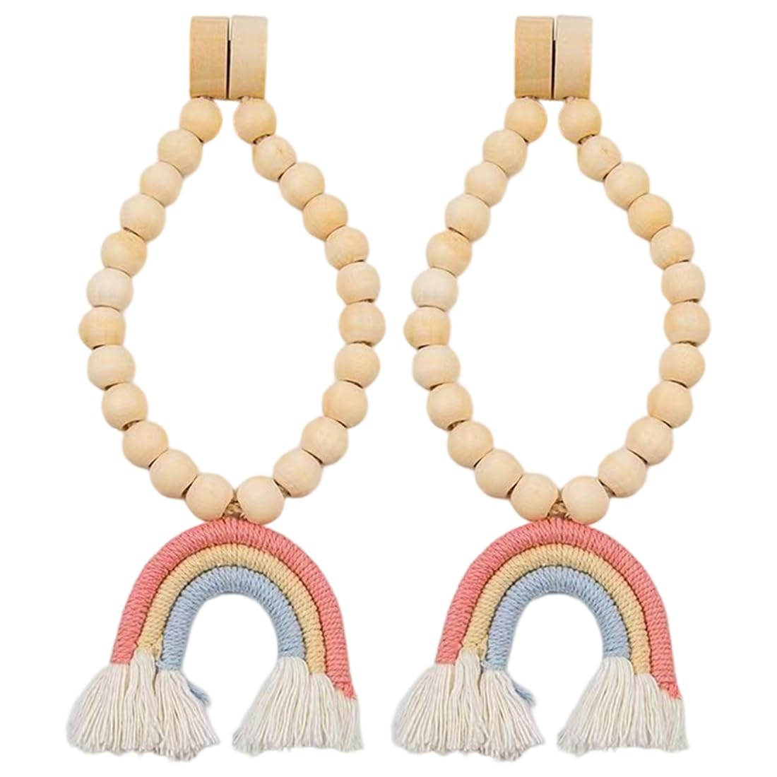 UDSKNV[KSL Farmhouse Style Bead Garlands Curtain Tiebacks- Wood Bead Curtain Rope 2pcs Holdbacks Rainbow Tassels Holder for Drape A