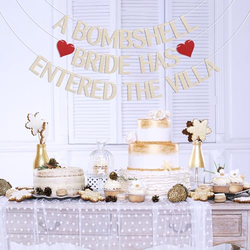 Image of A Bombshell Bride Has Entered The Villa Banner, Bombshell Villa Bridesmaid Party Decor, Island Bach Weekend Decor, Love Themed Island Bachelorette Party Decorations Champagne Gold