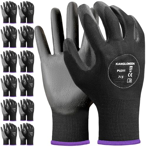 Image of Kebada Safety Work Gloves, 12 Pairs Work Gloves with Grip, PU Coated Grip Gloves for Warehouse, Construction, Gardening and Mechanics, Black, Small