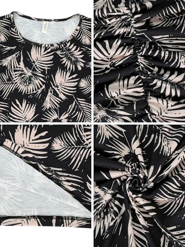 Image of Missufe Women's Short Sleeve Ruched Bodycon Casual Knee Length Floral Dress (Black Floral Short Sleeve, Large)